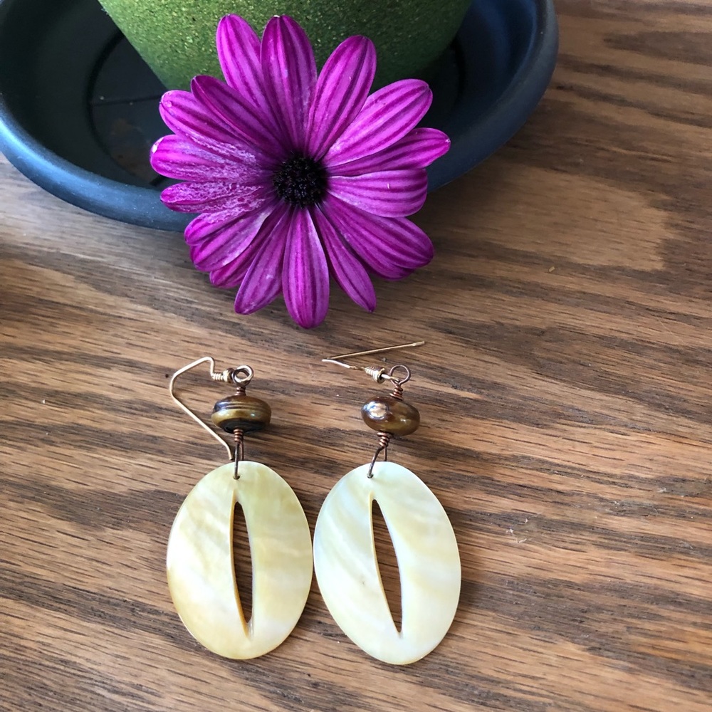 OOAK Handmade Artisan Freshwater Pearl and Shell Earrings 14K gold plated